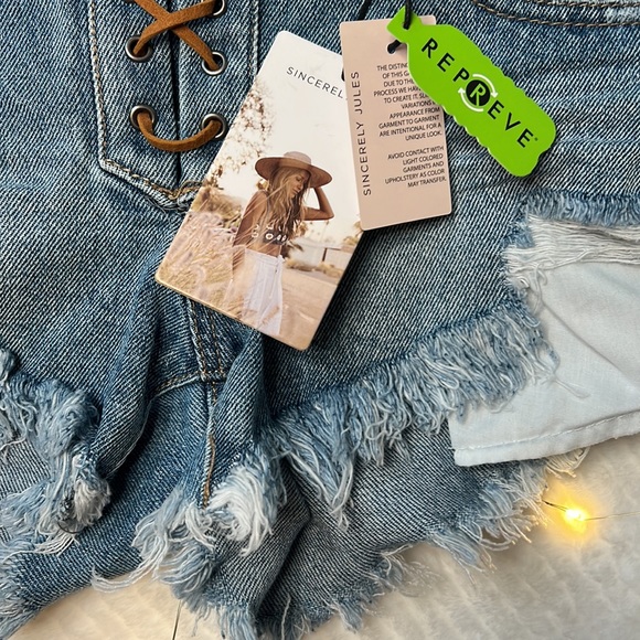 NEW! Sincerely Jules Lace Up Low Rise Distressed Shorts - Picture 5 of 10